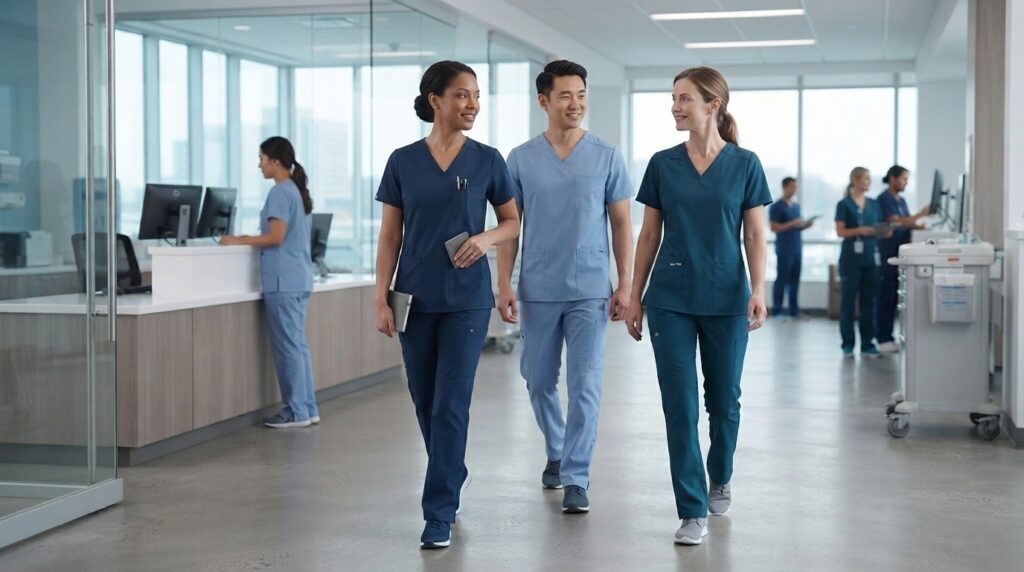 What Makes Medical Scrubs Comfortable for Long Workdays? Healthcare professionals wearing comfortable scrubs during a long clinical workday