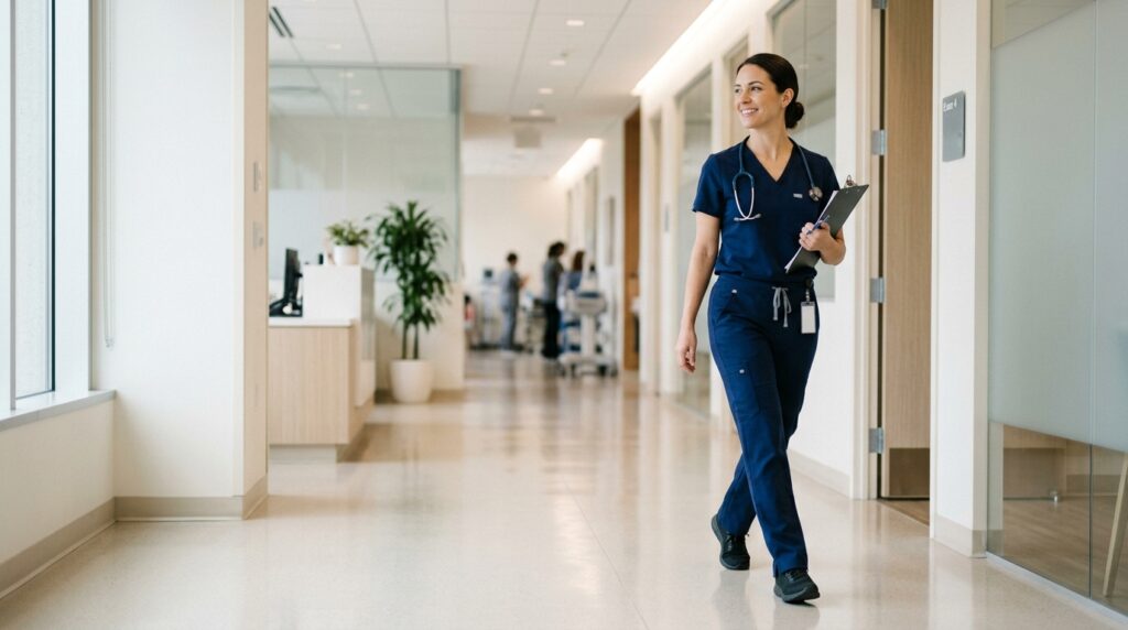 Healthcare professional wearing medical scrub top and pants in a clinic hallway