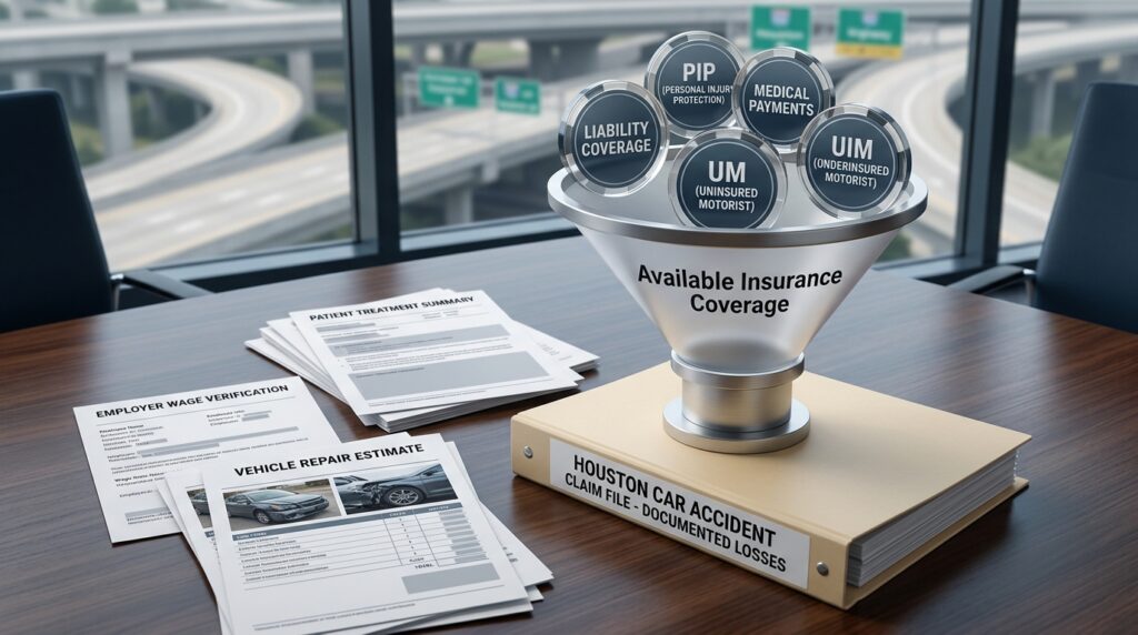 Houston car accident recovery range showing liability insurance PIP UM UIM medical coverage and documented damages