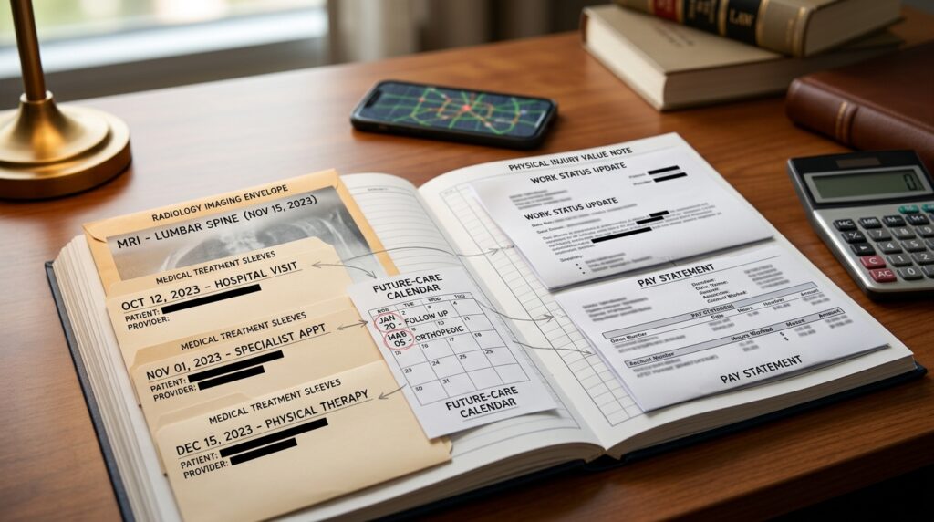 Houston injury value ledger connecting medical expenses future treatment work restrictions lost wages and income documentation