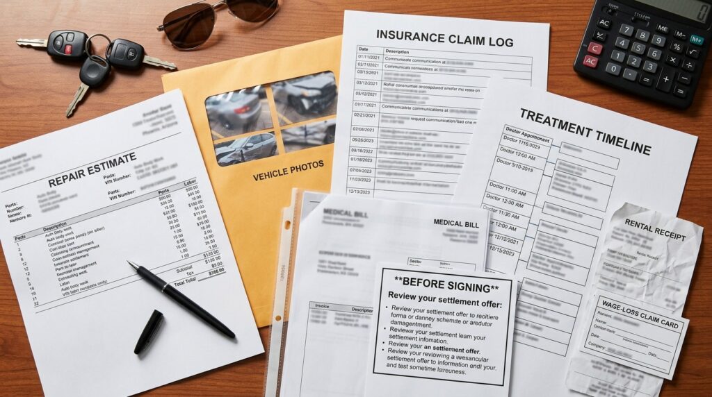 Phoenix car accident medical insurance and repair file with treatment timeline claim log repair estimate wage note rental receipt and settlement review card