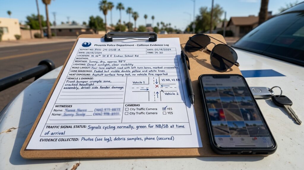 Phoenix car accident scene evidence card with vehicle damage road layout heat exposure witnesses cameras signals and report number fields