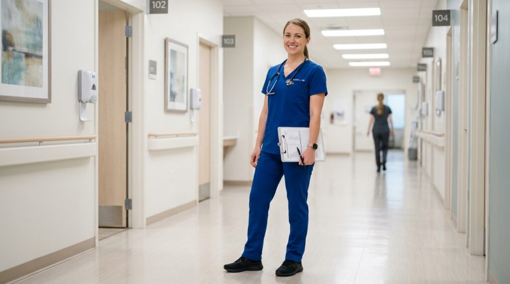 Healthcare worker wearing modern stretch medical scrubs