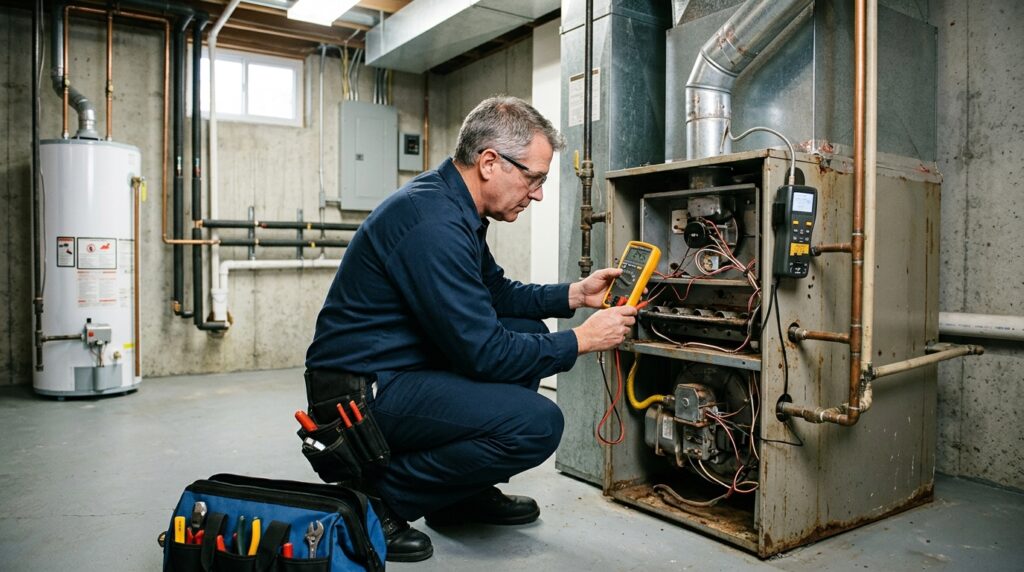 How Long Should a Furnace Last in Michigan? Aging residential furnace being inspected for remaining service life