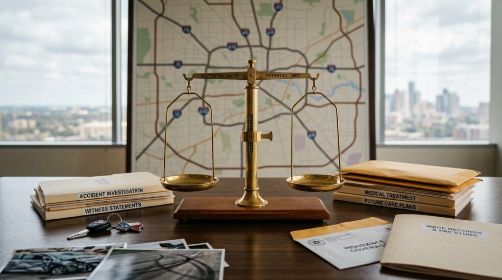 What Is Your Houston Car Accident Case Worth? Houston car accident case value range showing fault medical treatment wage loss insurance coverage evidence and future care factors