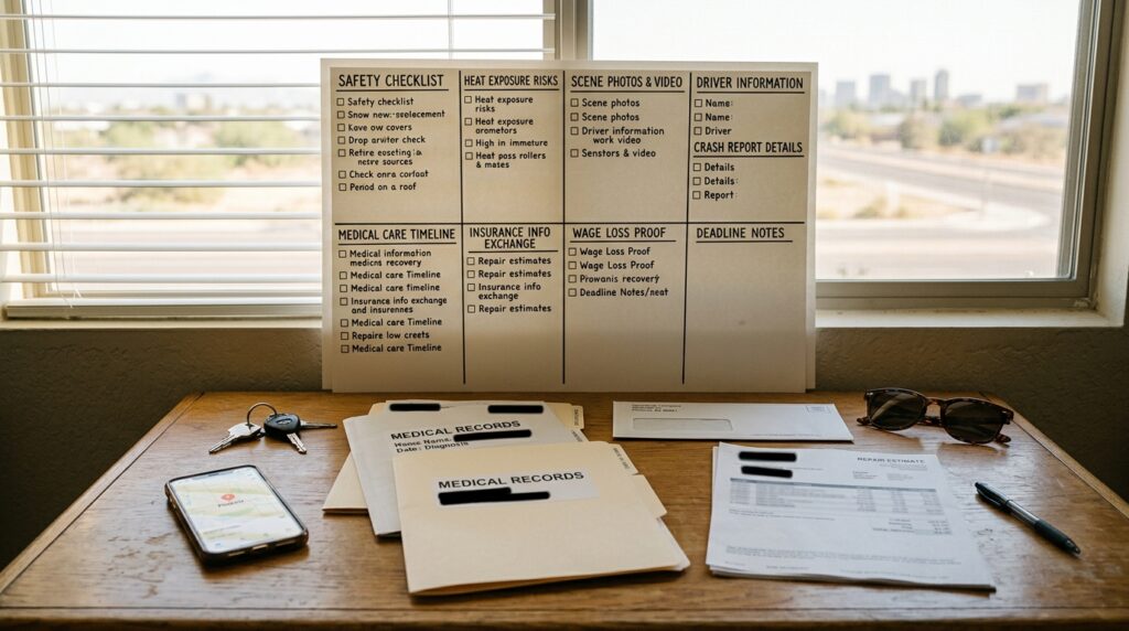 What To Do After a Car Accident in Phoenix: A Desert-Road Crash Action Board Phoenix car accident desert road crash action board with safety checklist crash report medical records insurance log repair file and deadline notes